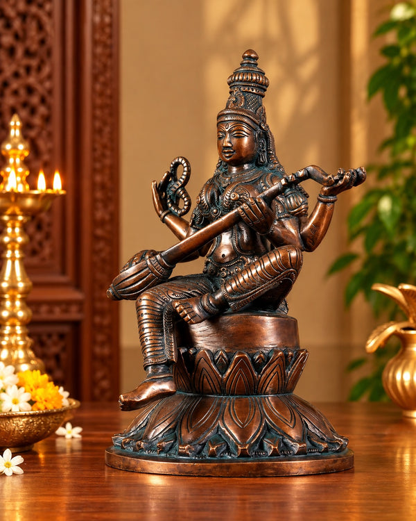 Superfine Brass Kamal Saraswati Statue – Goddess Saraswati Seated on Lotus, Traditional Hindu Idol for Home Temple, Study Room & Spiritual Décor (Height: 10 Inches) Study Setting