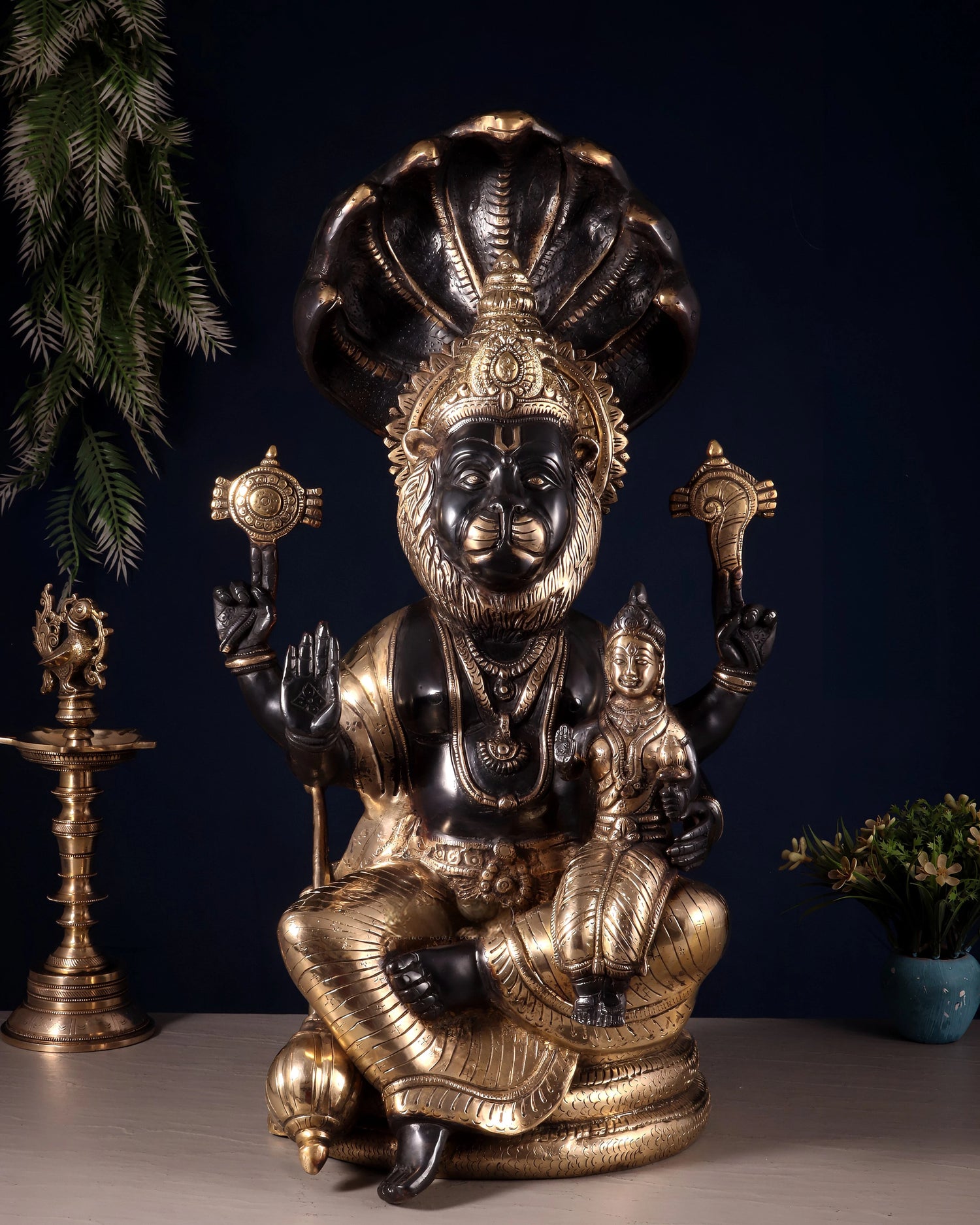 Brass Large Narsimha Lakshmi with Sheshanaag Statue (Height: 23 Inches)