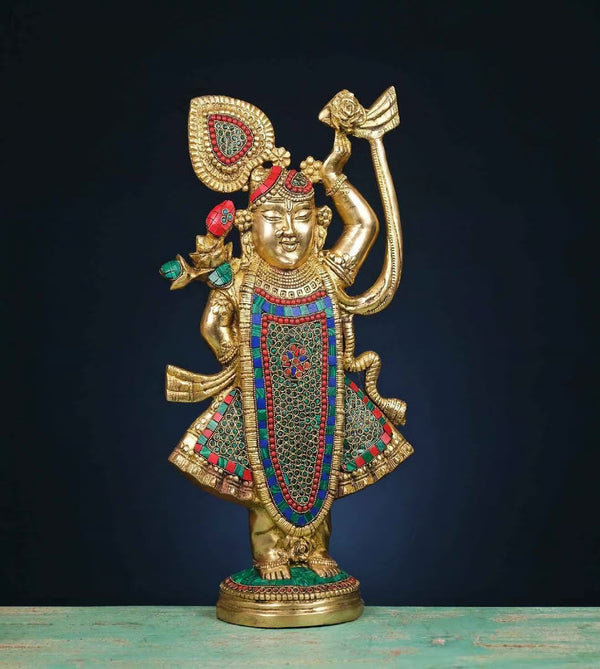 Brass Shreenathji Stonework Murti Multicolour (Height: 18 Inches) Mandir Setting