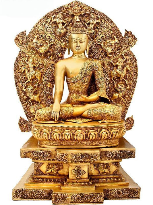AONA Brass Large Lord Buddha seated on the six-ornament throne of enlightenment Idol