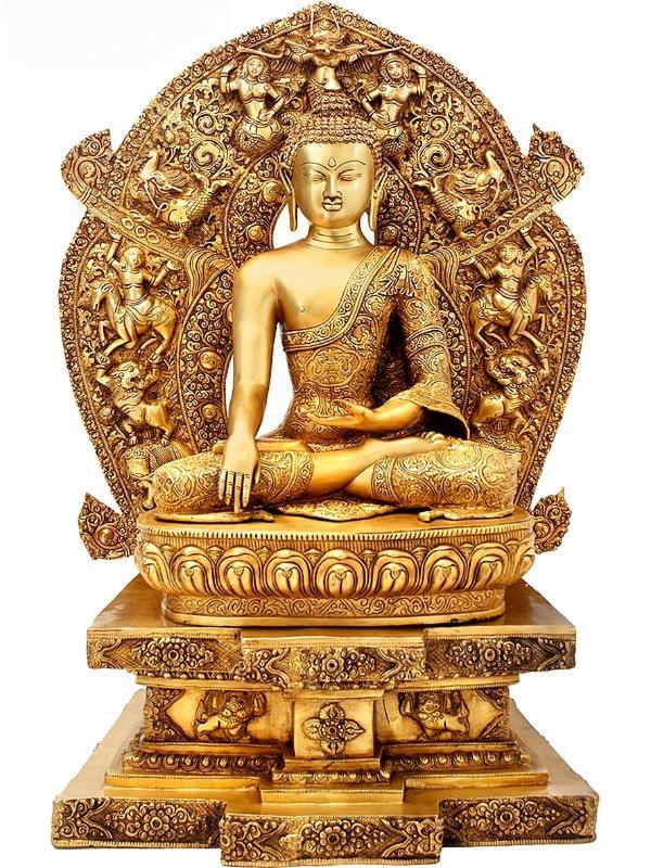 Brass Large Lord Buddha seated on the six-ornament throne of enlightenment Idol (Height: 34 Inches) Entryway Setting