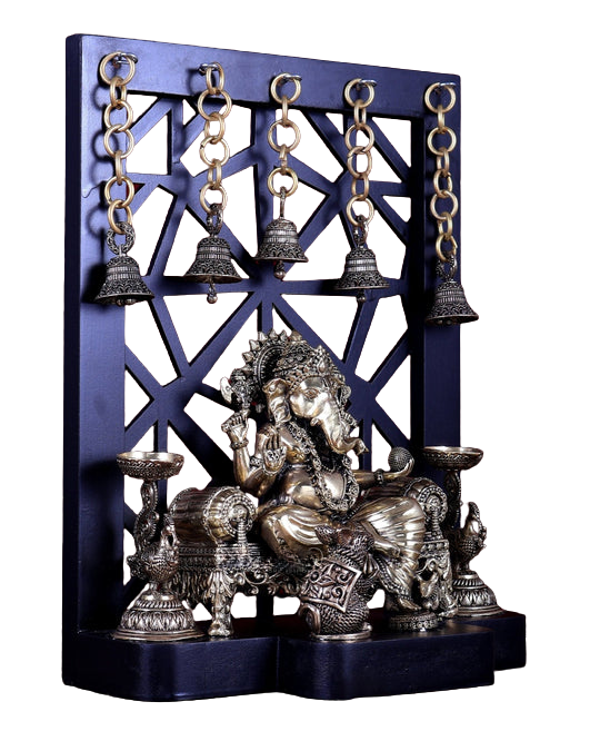 Superfine Brass Ganesha Temple frame with mooshak Idol (Height :12 Inches) Study Setting