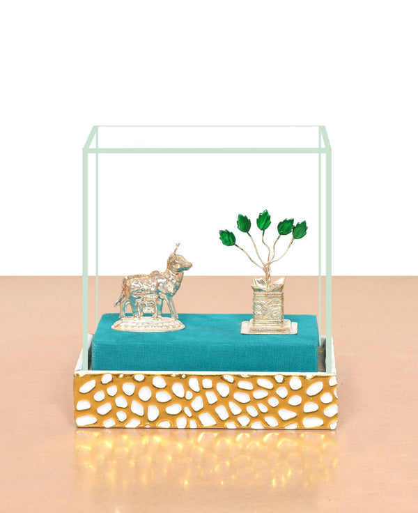 White Metal Kamdhenu Cow with Tulsi Plant Symbol of Purity and Prosperity (Height : 5 Inches) Study Setting