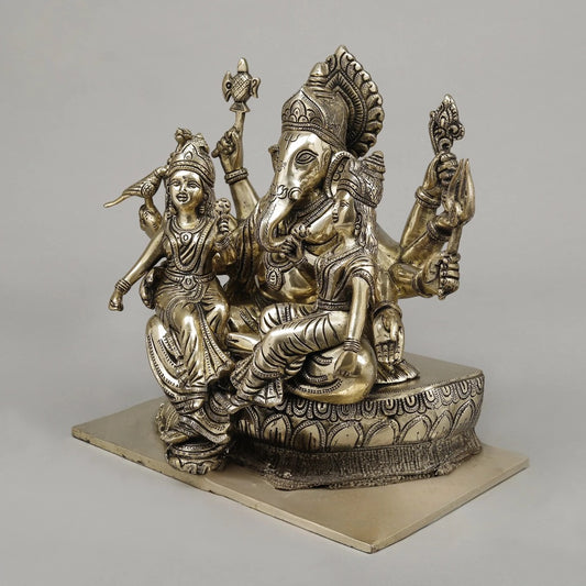 Brass Ganesh with Riddhi Siddhi Seated on Lotus Idol (Height: 13 Inches)