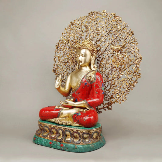 Brass Buddha seating With Tree Statue (Height: 29 Inches)