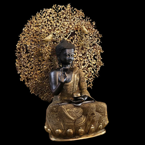 Brass Black Buddha seating With Tree Statue (Height: 30 Inches) Study Setting