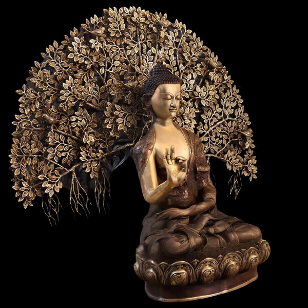 Brass Buddha Life Story With tree Statue (Height: 43.5 Inches) Study Setting
