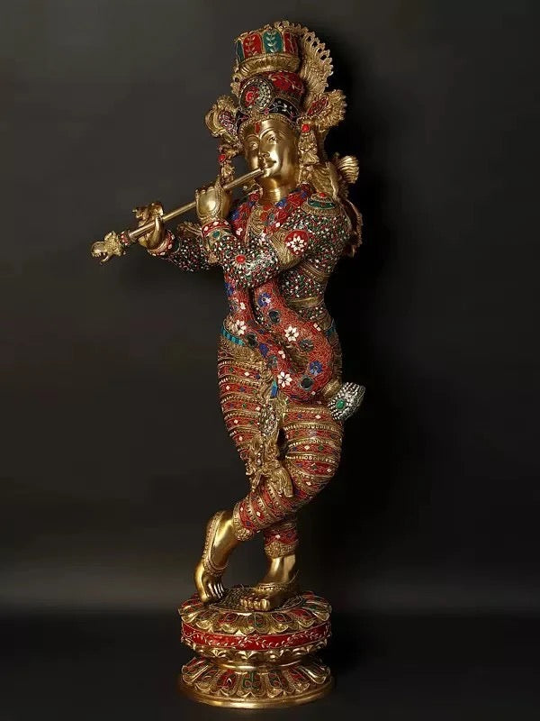Brass Large Superfine Standing Lord Krishna Playing Flute (Height :46 Inches) Craft Detail
