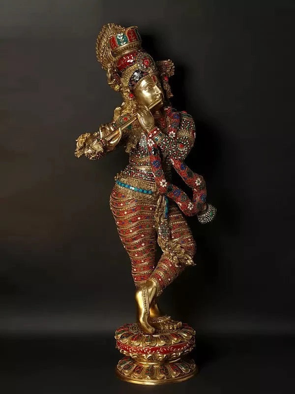 Brass Large Superfine Standing Lord Krishna Playing Flute (Height :46 Inches) Study Setting