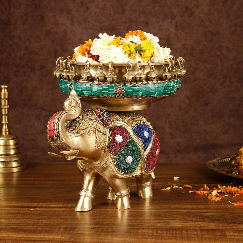 Pure Brass Large Elephant Urli (Height: 9.5 Inch)