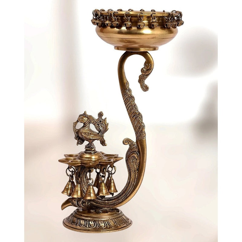 Pure Brass Unique Urli with Peacock Diyas (Height: 15 Inches)
