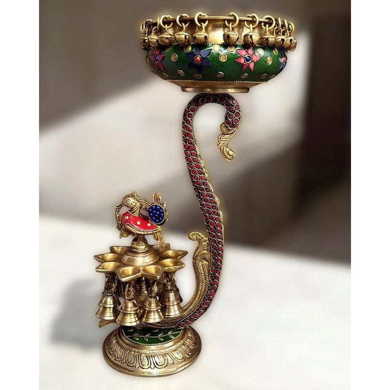 Pure Brass Unique Urli with Peacock Diyas (Height: 15 Inches)