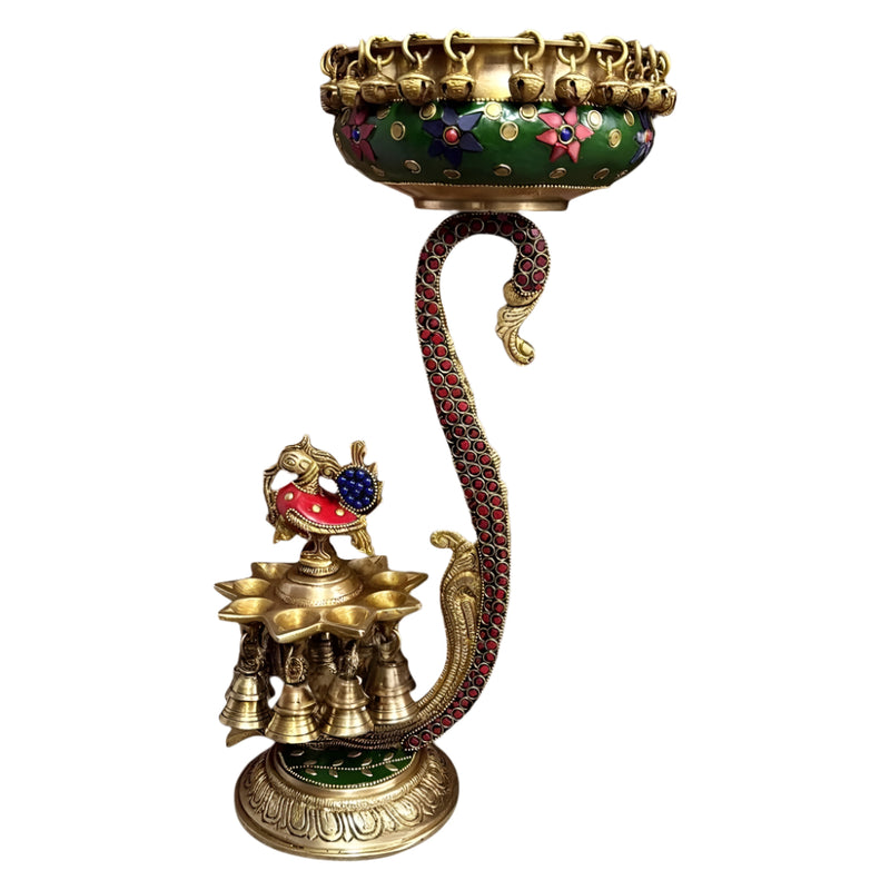 Pure Brass Unique Urli with Peacock Diyas (Height: 15 Inches)