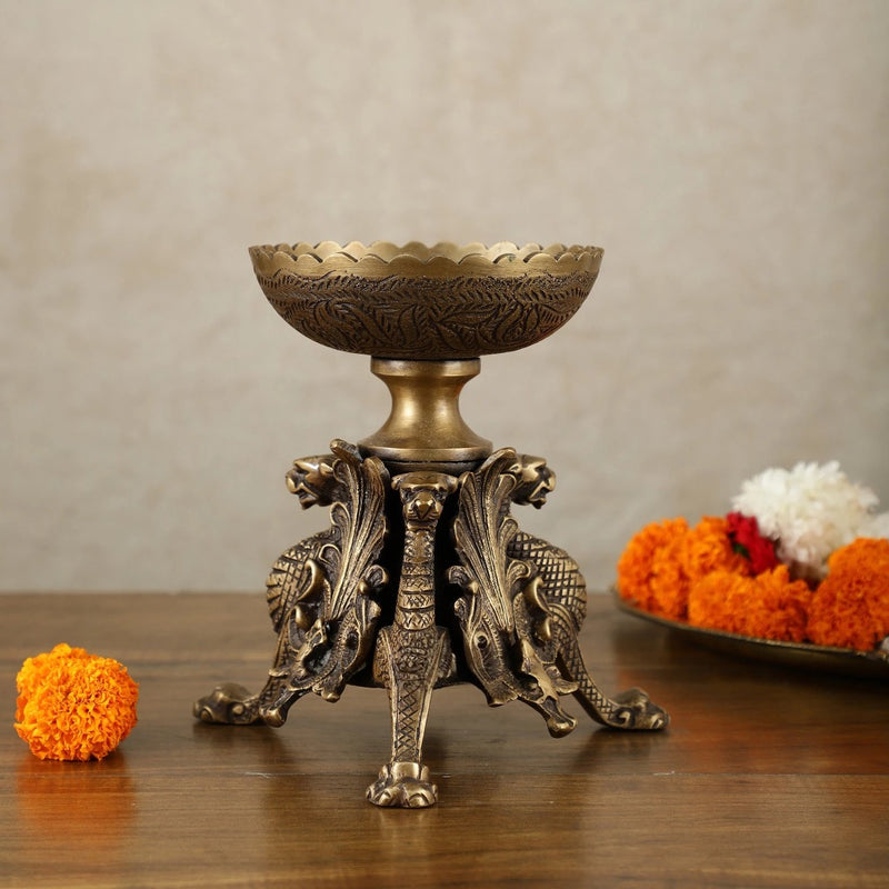 AONA Brass Multi-Purpose Bowl with Yali Lion Stand
