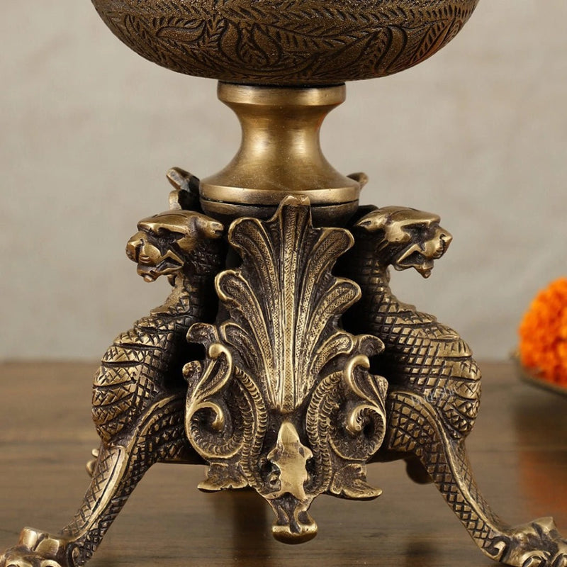 Brass Multi-Purpose Bowl with Yali Lion Stand (Height:8 Inches)