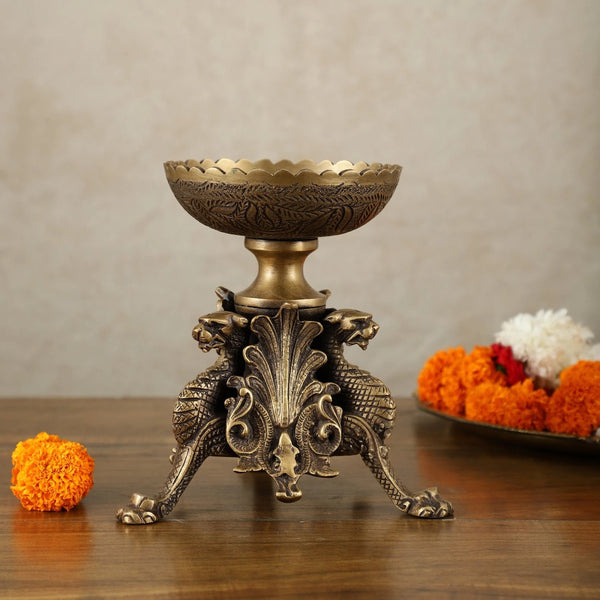 Brass Multi-Purpose Bowl with Yali Lion Stand (Height:8 Inches) Study Setting