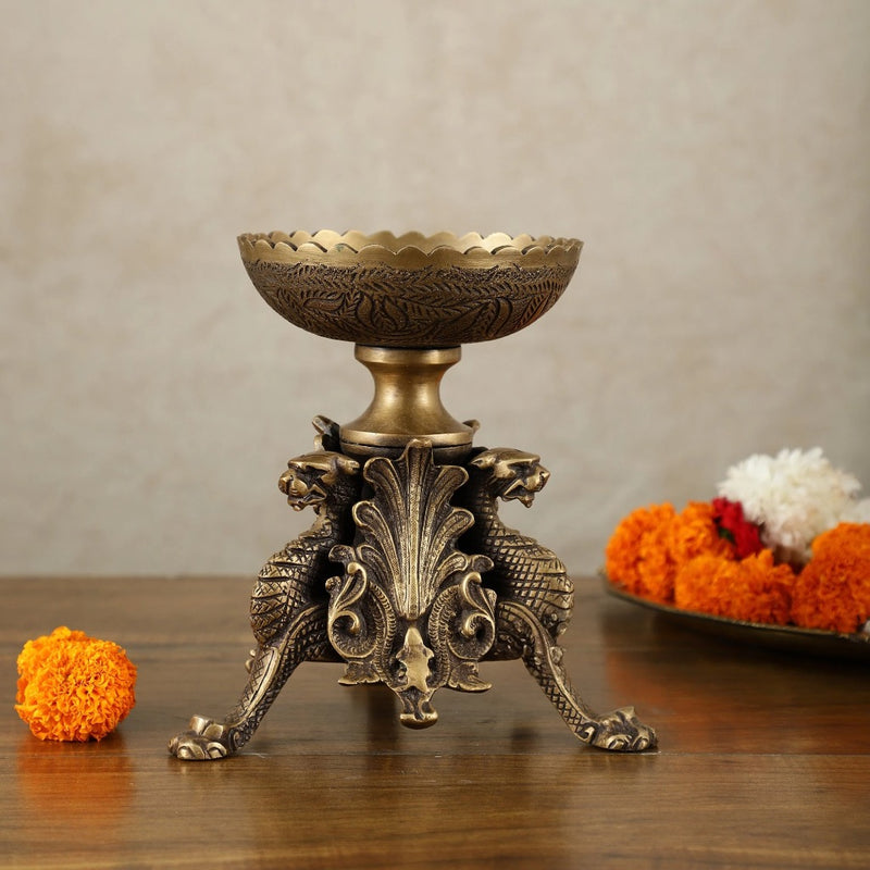 Brass Multi-Purpose Bowl with Yali Lion Stand (Height:8 Inches)
