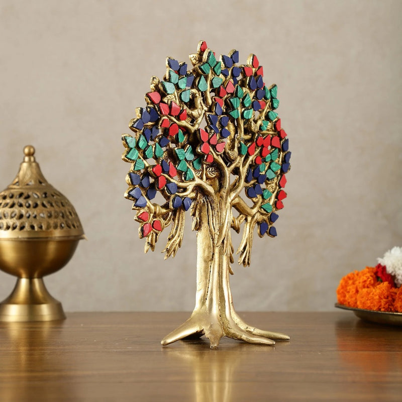 Brass Handcrafted Kalpavriksha tree for tables (Height :11 Inches)