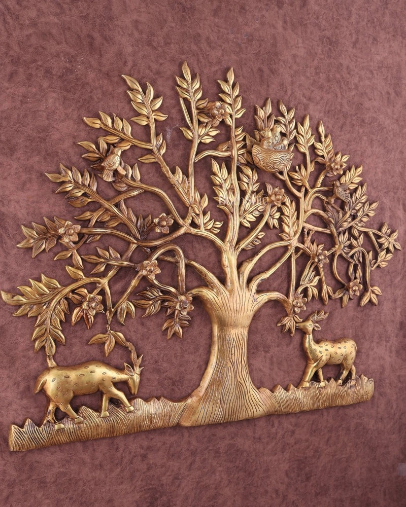 Brass Kalpavriksha Tree Wall Decor with Intricate Deer and Bird Designs (Height : 28 Inches)