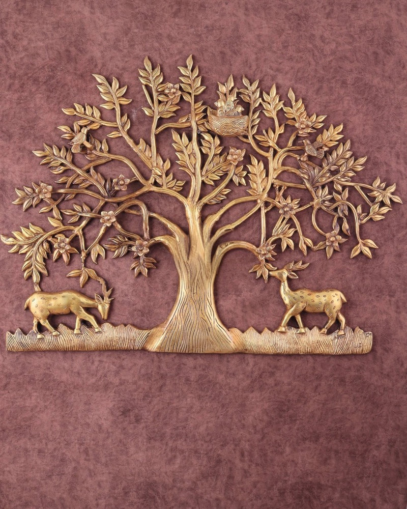 AONA Brass Kalpavriksha Tree Wall Decor with Intricate Deer and Bird Designs