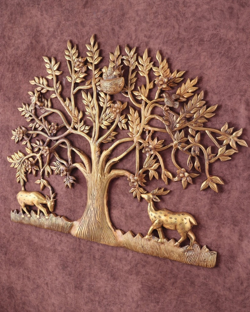 Brass Kalpavriksha Tree Wall Decor with Intricate Deer and Bird Designs (Height : 28 Inches)