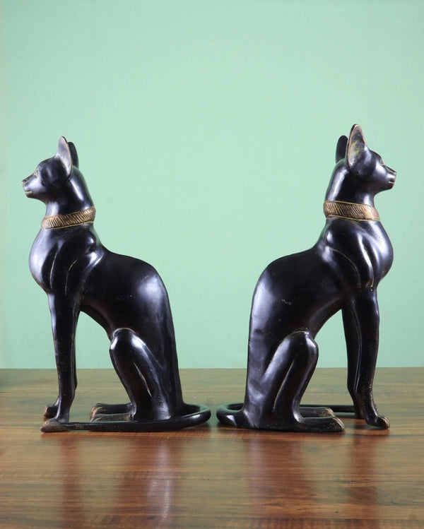 Brass Egyptian Black Cat Pair Showpiece (Height: 14 inches) Entryway Setting