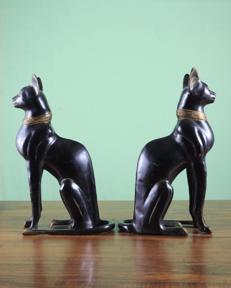 Brass Egyptian Black Cat Pair Showpiece (Height: 14 inches)