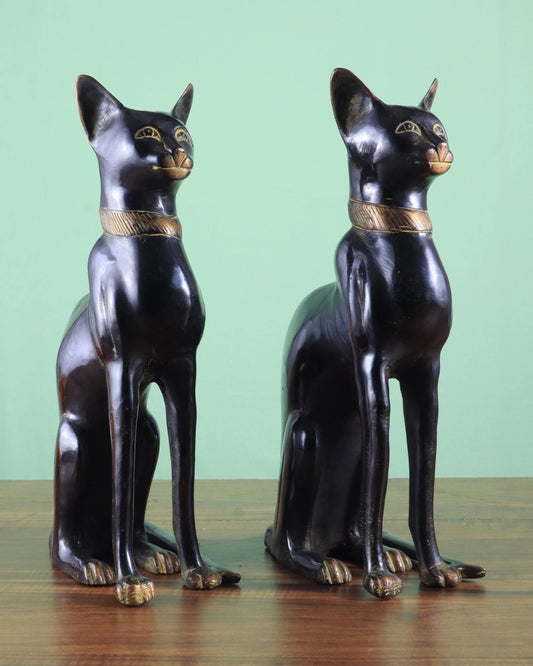 Brass Egyptian Black Cat Pair Showpiece (Height: 14 inches)