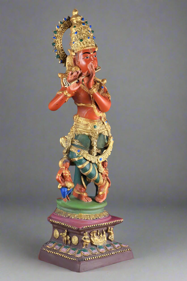 Pure Brass Lord Krishna Murti Hand-Painted (Height:30 Inches) Study Setting