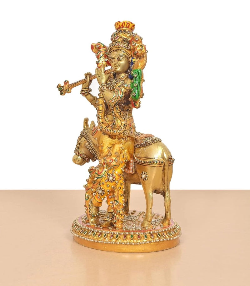 Brass Lord Krishna Playing Flute with Cow Sculpture (Height 10 Inch)
