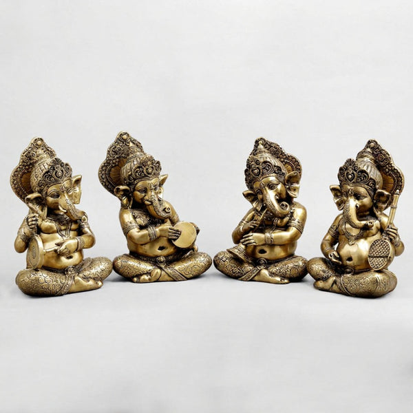 Brass Ganesh Musicians Set Statue (Height: 12.5 Inches) Entryway Setting