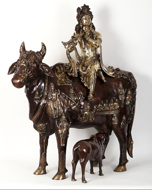 Large Brass Fluting Krishna Idol Sitting on Cow Idol (Height:42 Inches) Entryway Setting