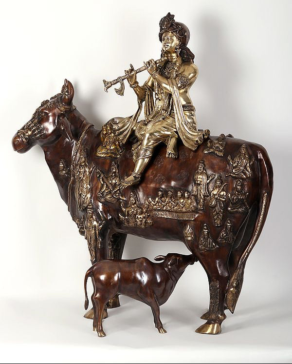 Large Brass Fluting Krishna Idol Sitting on Cow Idol (Height:42 Inches) Study Setting
