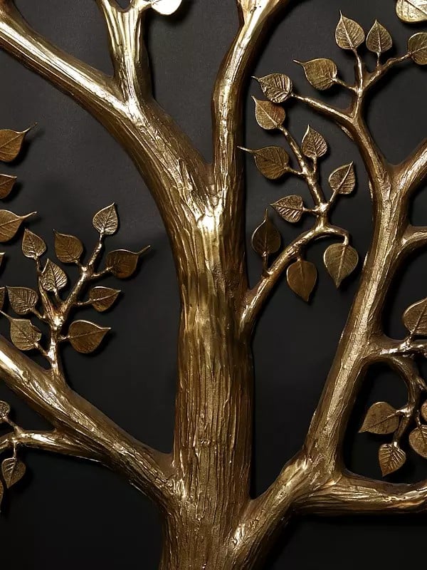 Brass Super Large Cow and Calf Under the Kalpavriksha Tree with Grass and Flowers Set of Four (Height: 80 Inches)