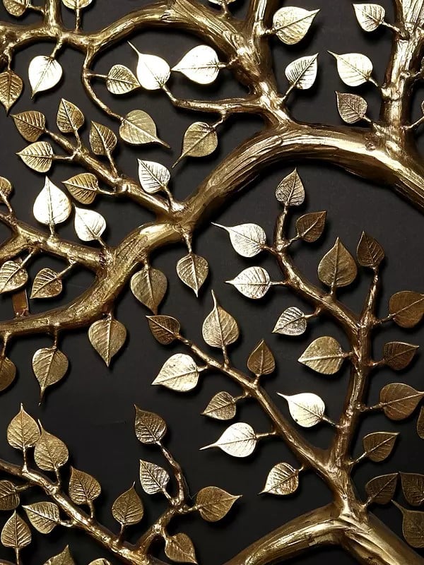 Brass Super Large Cow and Calf Under the Kalpavriksha Tree with Grass and Flowers Set of Four (Height: 80 Inches)