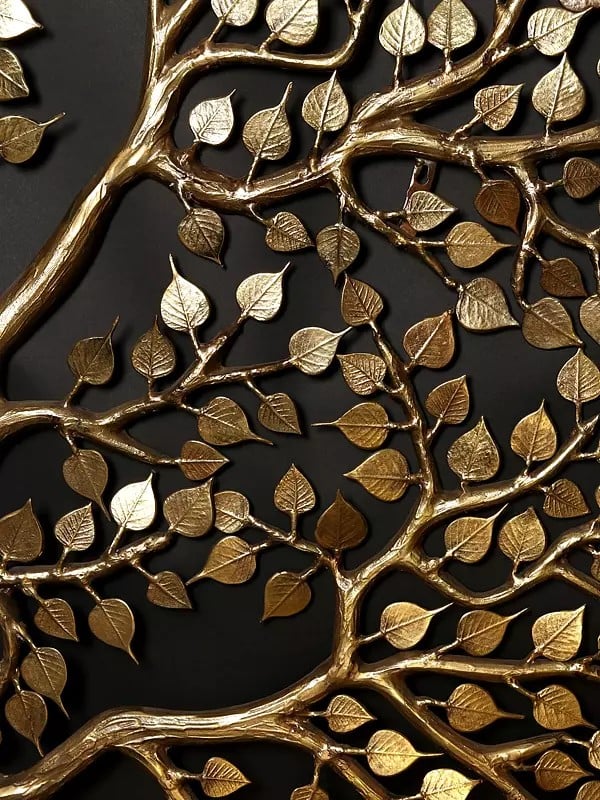 Brass Super Large Cow and Calf Under the Kalpavriksha Tree with Grass and Flowers Set of Four (Height: 80 Inches)