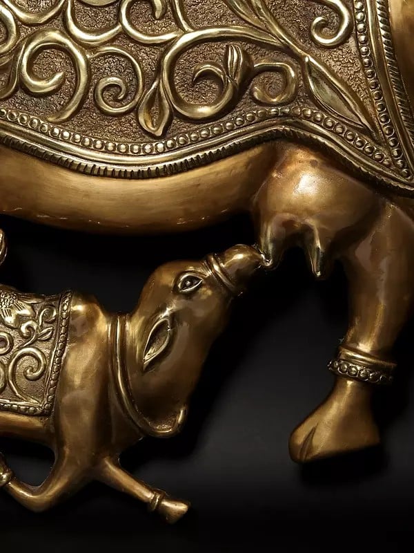 Brass Super Large Cow and Calf Under the Kalpavriksha Tree with Grass and Flowers Set of Four (Height: 80 Inches)