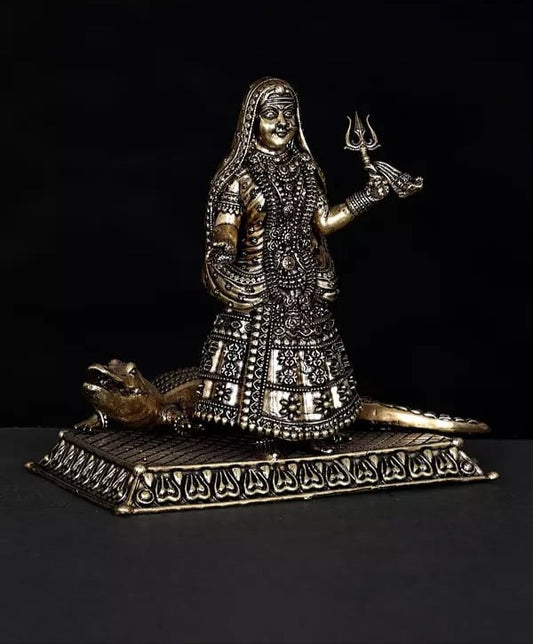 Superfine Brass Goddess Ganga with Her Vahana Makar Idol (Height :5 Inches)