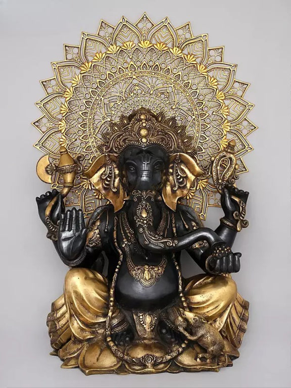 AONA Brass Large Chaturbhuja Lord Ganesha in Blessing Gesture with Mandala Backdrop Sculpture