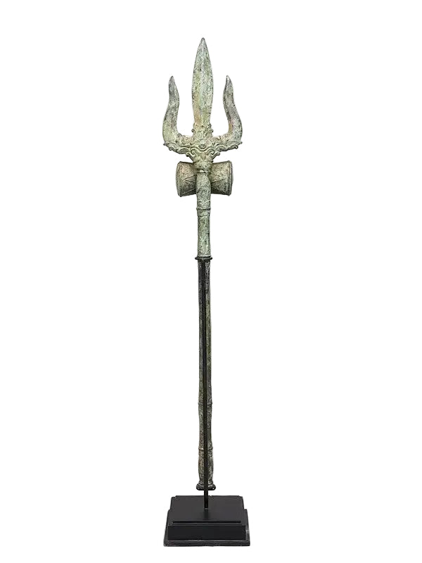 Brass Trishul of Lord Shiva with Wood Base (Height: 46 Inches) Mandir Setting