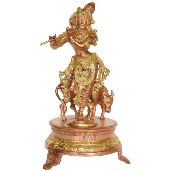 Handmade copper finish gold Brass Venugopala Idol 10 inches Mandir Setting