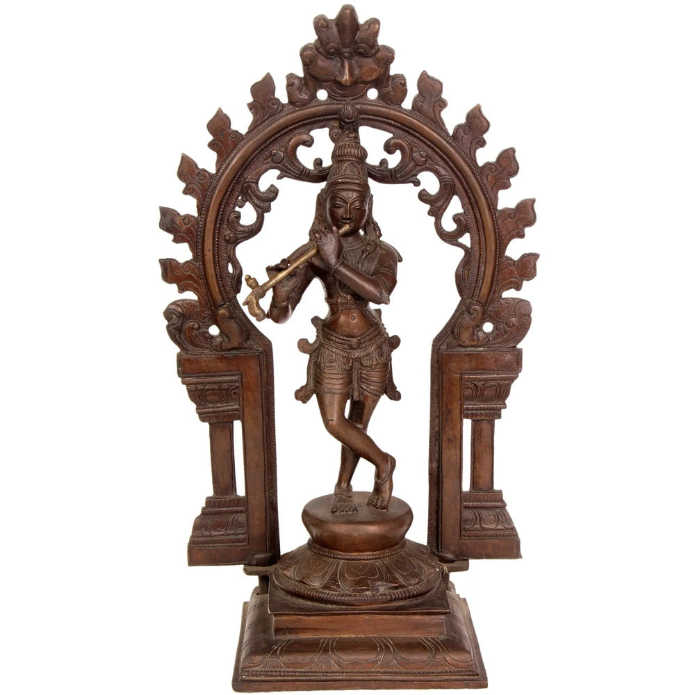 Handmade Chala Brass Statue of Murali Krishna Before a Floral Aureole, with Kirtimukha 13 INCHES