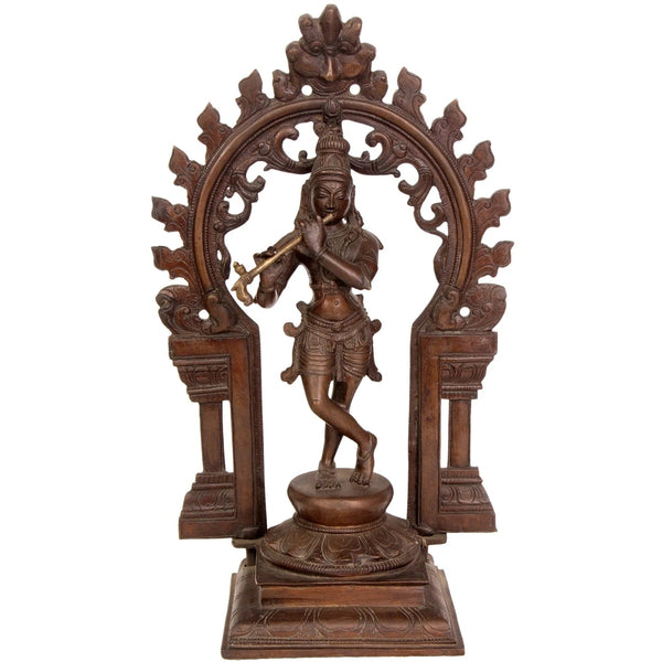Handmade Chala Brass Statue of Murali Krishna Before a Floral Aureole, with Kirtimukha 13 INCHES Mandir Setting