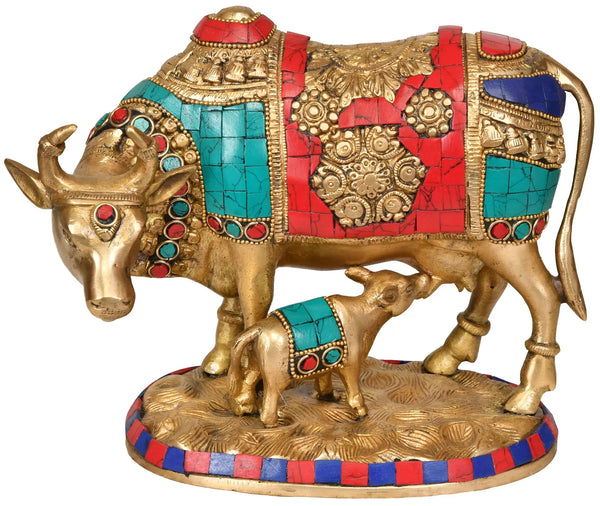 Brass Statue of Cow and Calf - India's Most Sacred Animal 8 inches Mandir Setting