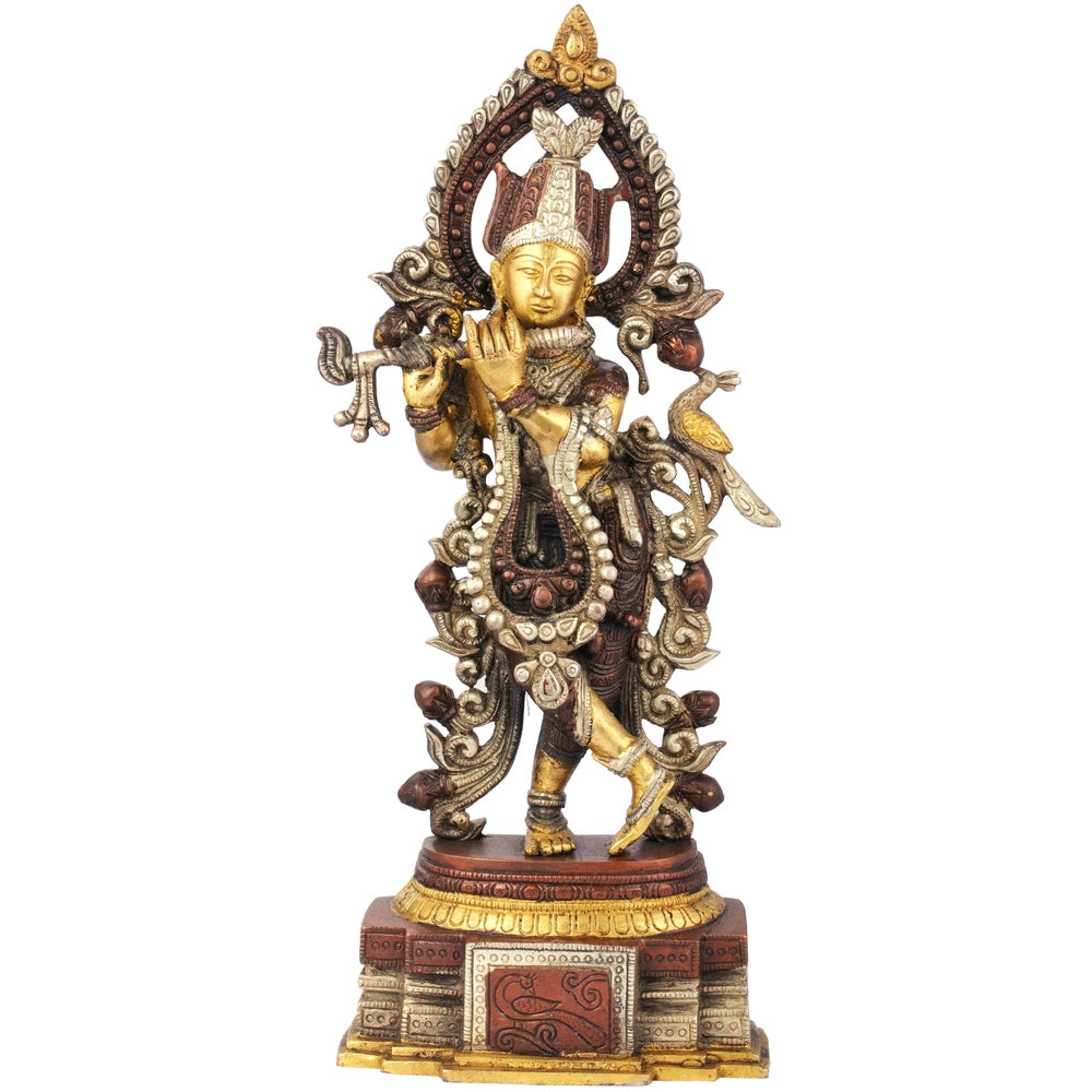 Handmade Brown Silver Brass Statue of Peetambara Lord Krishna 13 inches
