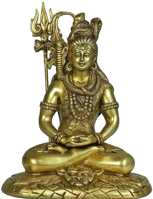 Mahayogi Shiva Natural Brass Idol Seated on Tigerskin | Handmade Statue 10 Inches Mandir Setting