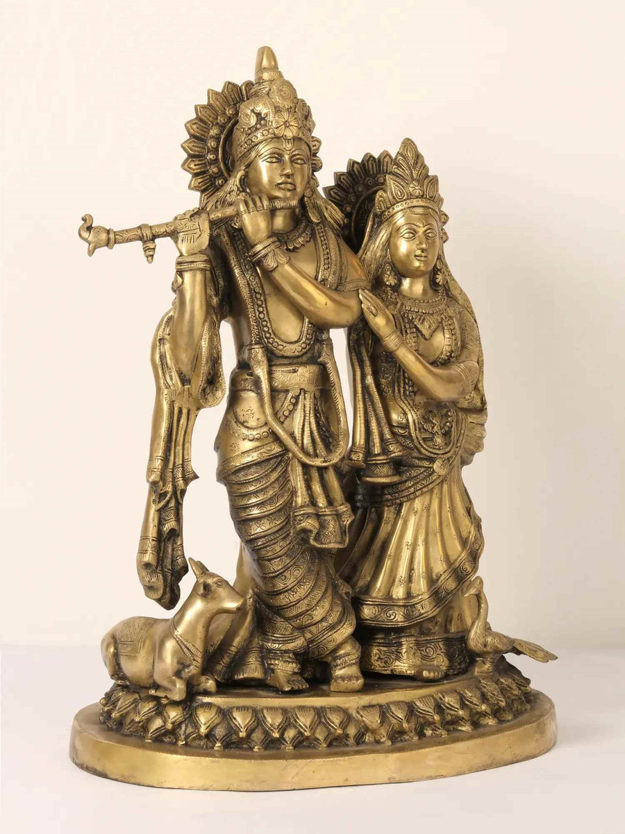 Divine Brass Statue of Radha and Krishna with Cow and Peacock 22 Inches Craft Detail