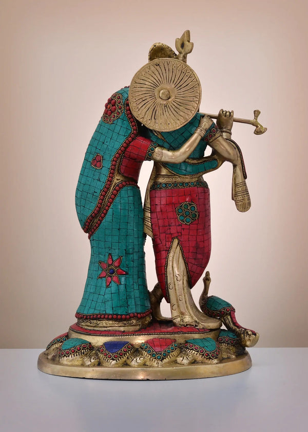 Handmade Brass Sculpture of Radha Krishna with Inlay Work 16 Inches Study Setting