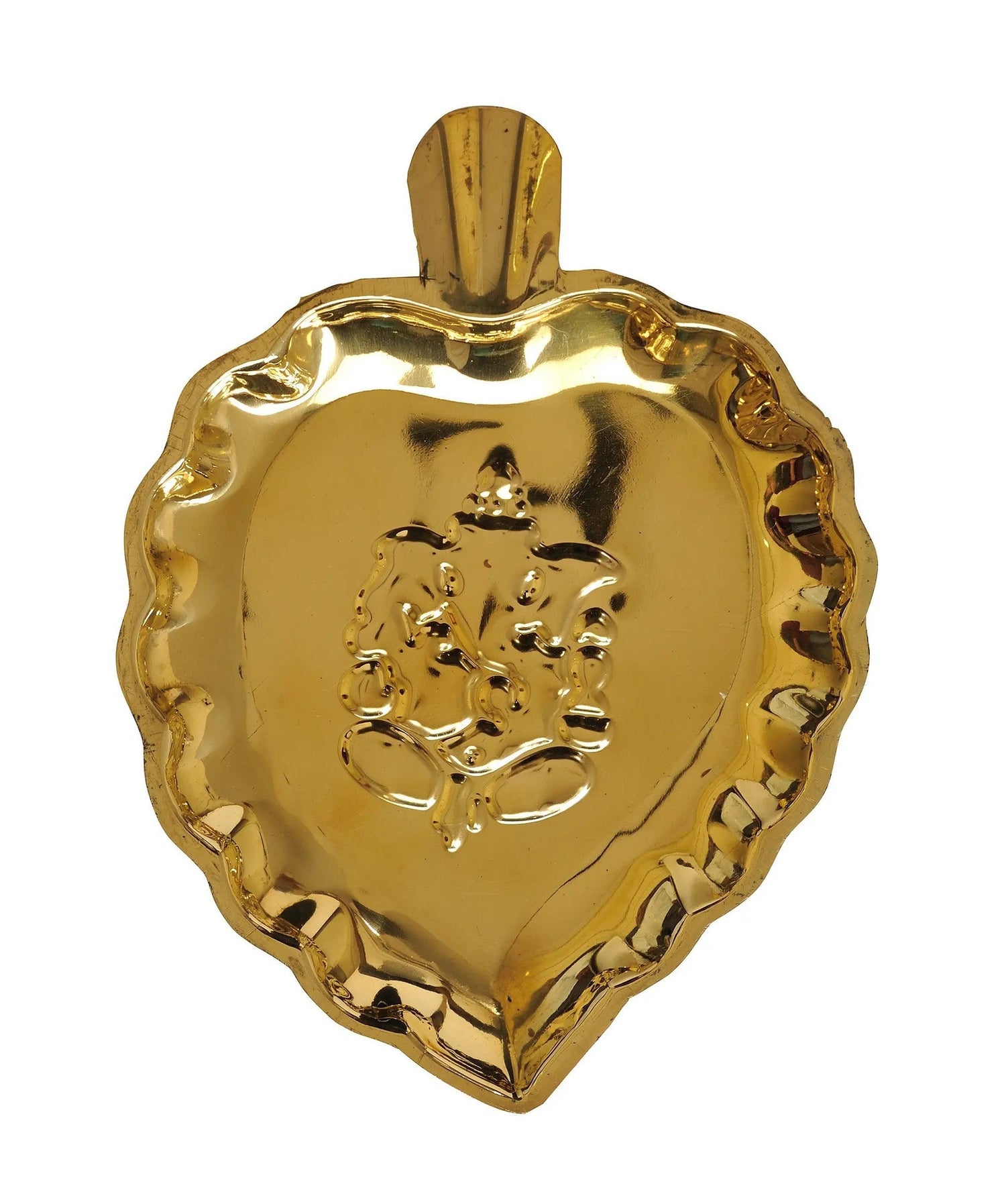 Brass Pipal Leaf Puja Thali with the Figure of Ganesha 7 inches
