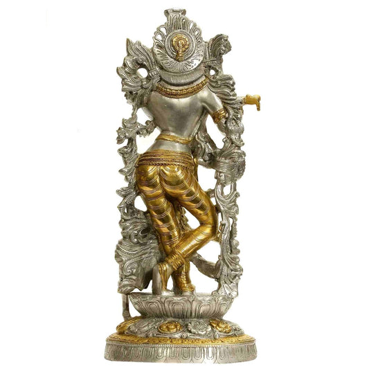 Brass Statue of Venugopala (Murali Krishna) in Silver and Golden Hues 17 inches